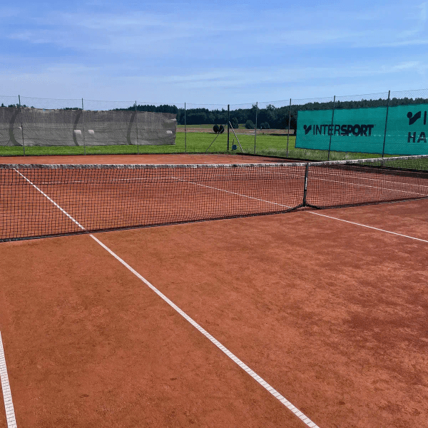 Sandplatz des TC Schomburg mit Netz, frischen Linien und Windfang am Zaun